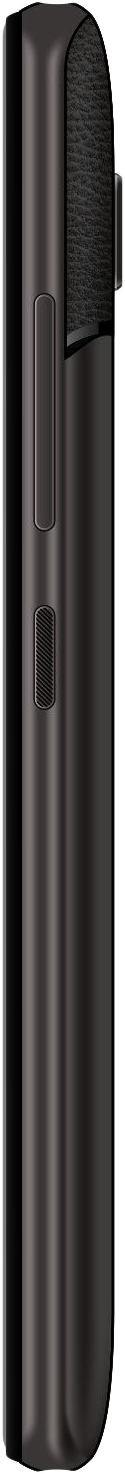 Sötétszürke telefon oldalsó nézete, az oldalsó gombokkal és texturált fogantyúval.