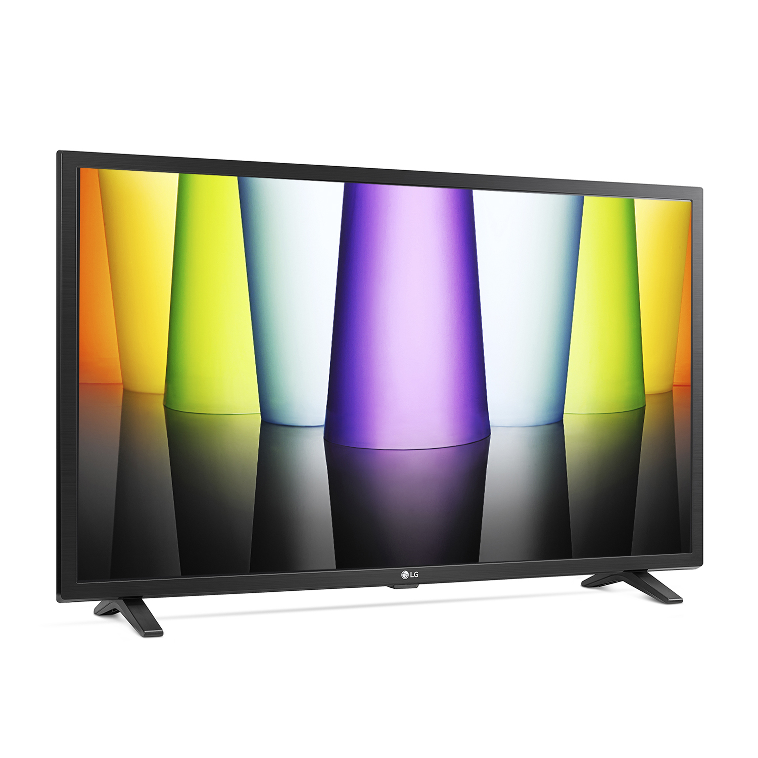 Una TV a schermo piatto nera con sfondo colorato e piedini neri.