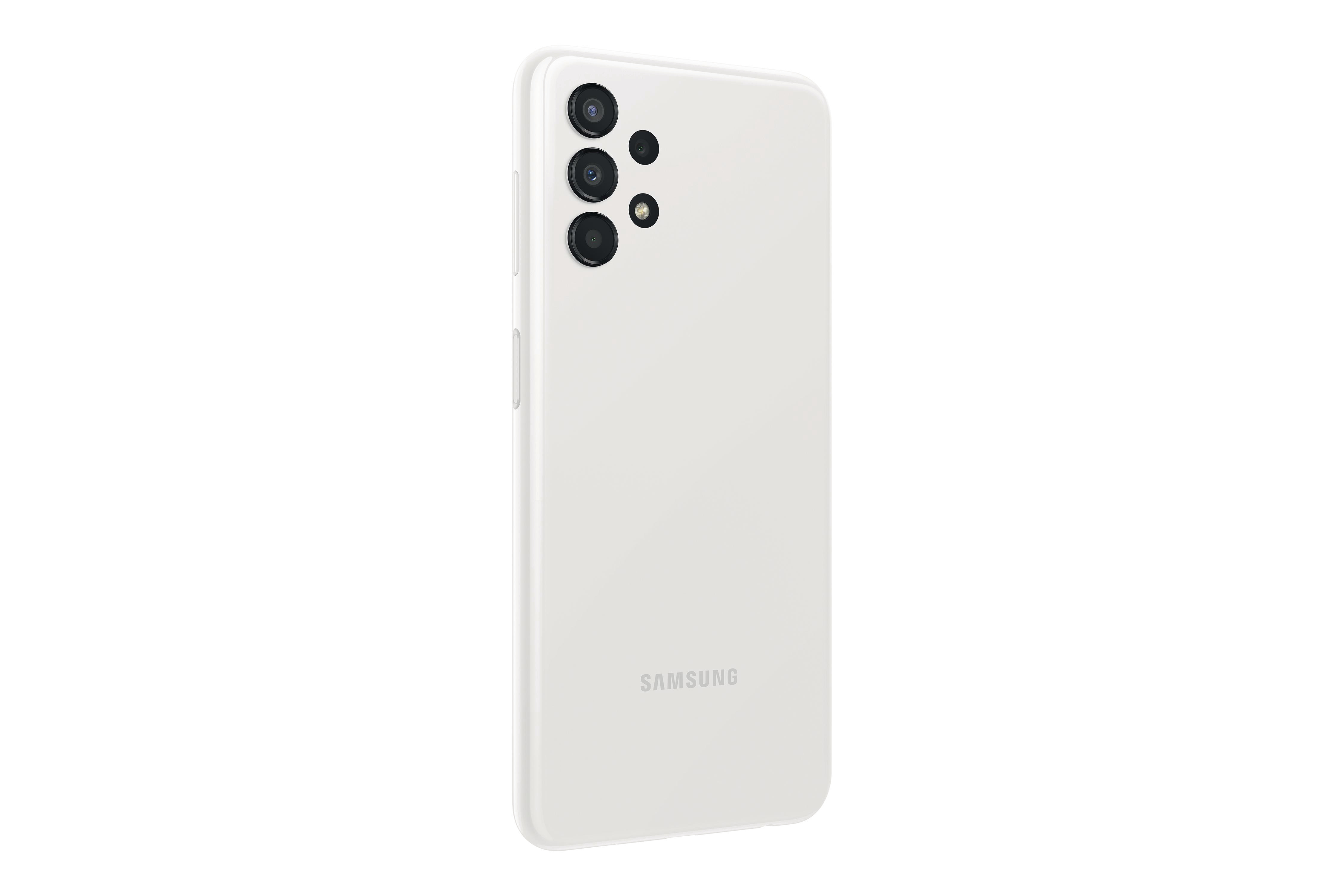 Ein weißes Samsung-Handy von hinten gesehen. Es hat drei Kameras und das Samsung-Logo.