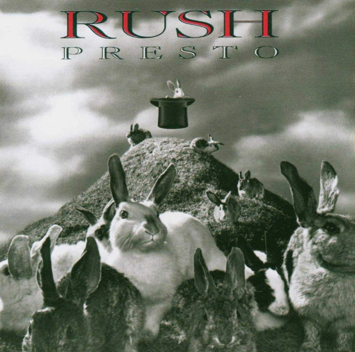 A Rush Presto albumának borítója. Nyulak egy dombon, egy varázsló kalapjával.