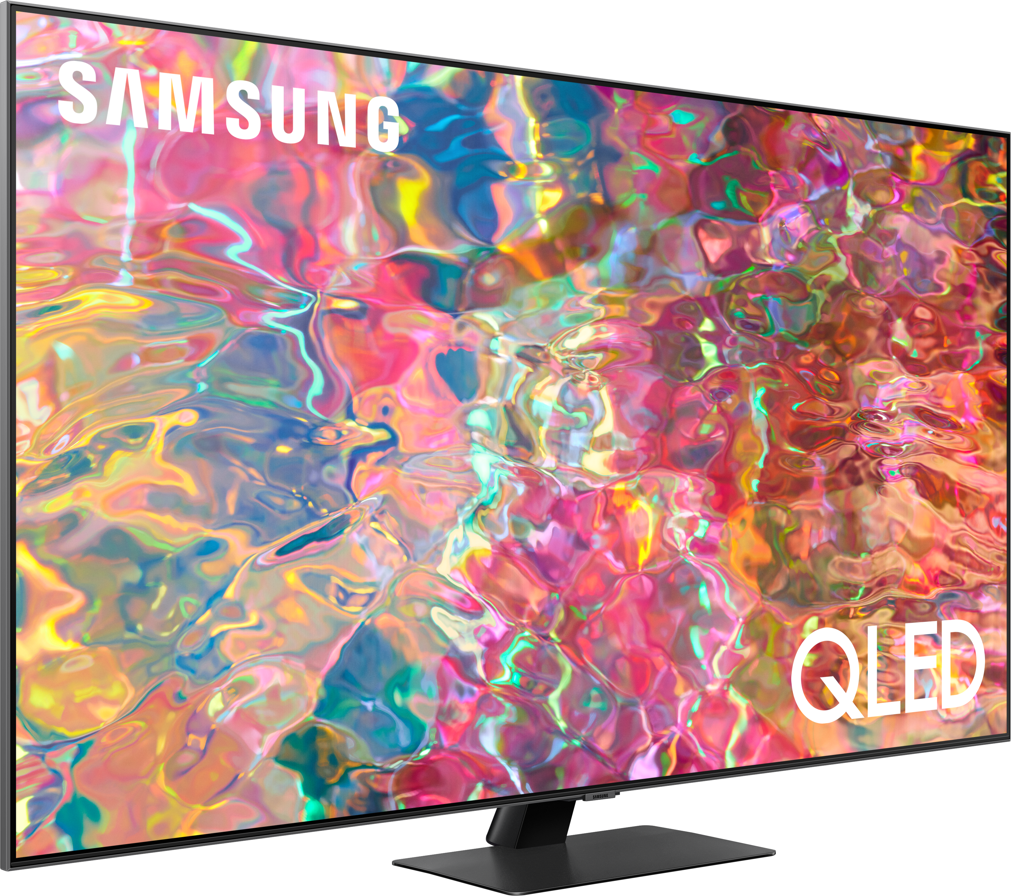 Un téléviseur Samsung QLED, vue en angle. Le mot SAMSUNG est écrit en haut, QLED en bas.