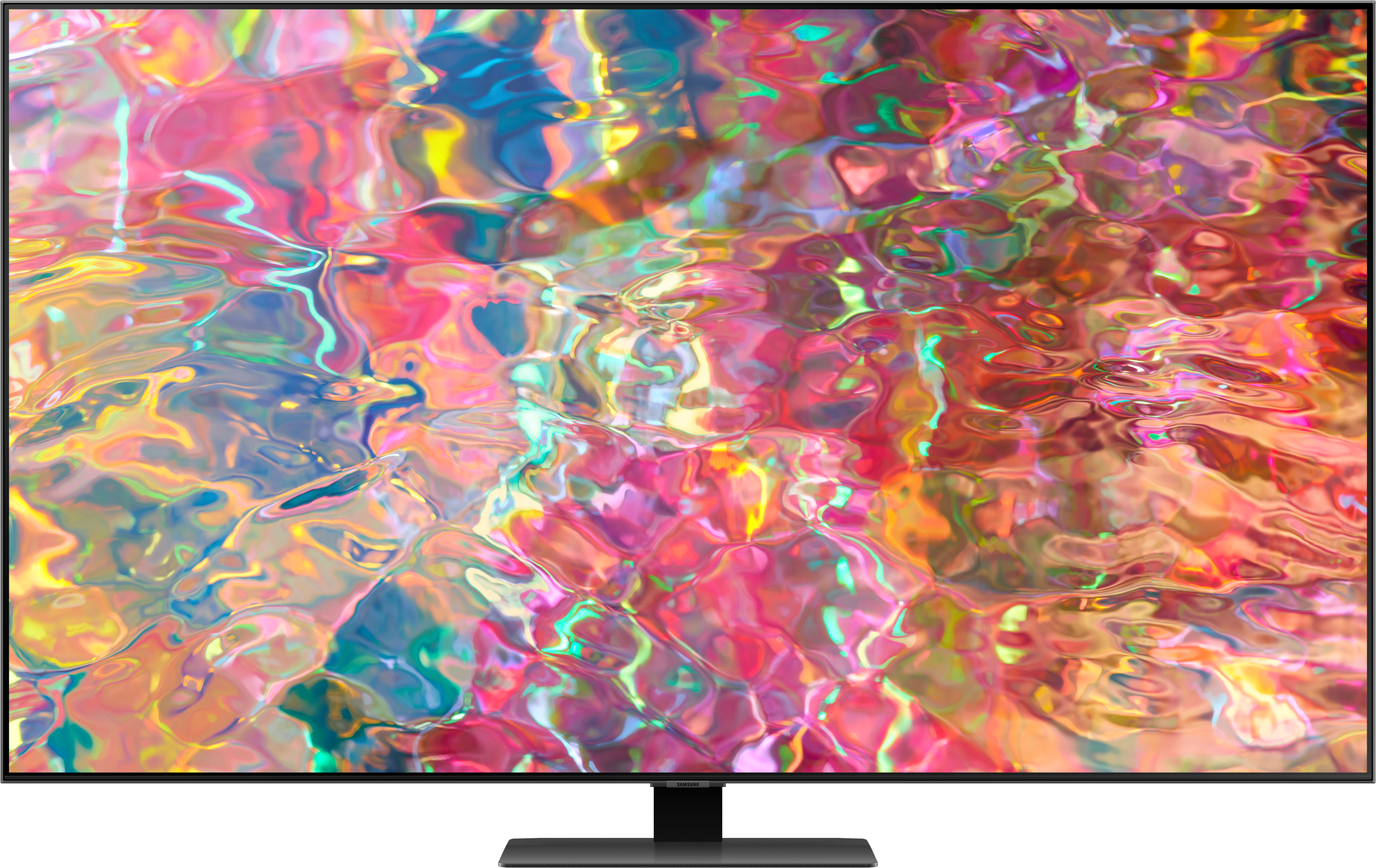 Un grand écran de télévision, affichant un motif coloré, abstrait et fluide. Cadre noir.