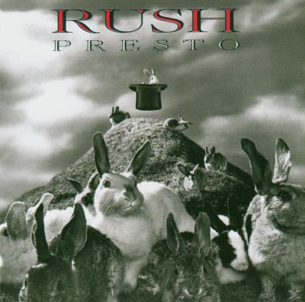 Album borító 'RUSH PRESTO', nyulak és varázsló kalapja a dombon.