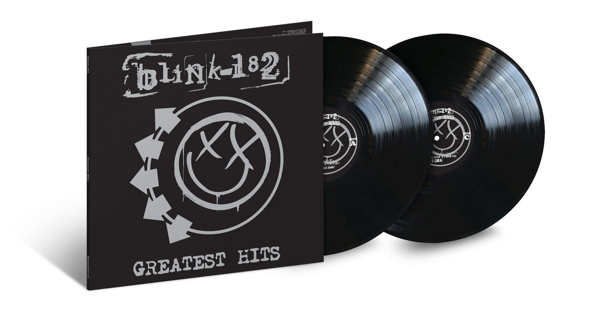 Egy bakelit lemez borítója a 'Blink-182 Greatest Hits'-szel és két fekete bakelit lemezzel.