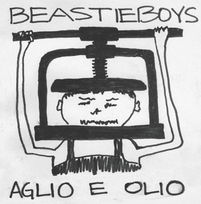 Fekete-fehér rajz egy emberről a présben, a 'BEASTIEBOYS' és 'AGLIO E OLIO' szöveggel.