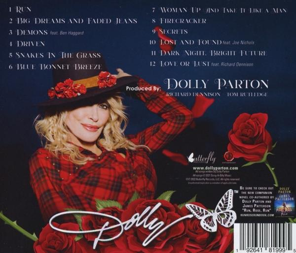 Albumcover mit Dolly Parton in kariertem Hemd und Hut, umgeben von Rosen und dem Albumtitel.