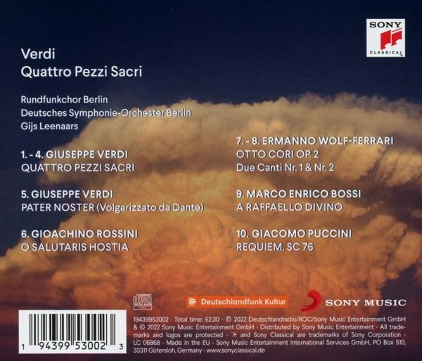 Ein CD-Cover mit Text über Verdis Quattro Pezzi Sacri. Das Cover ist dunkel mit Wolken und Text.