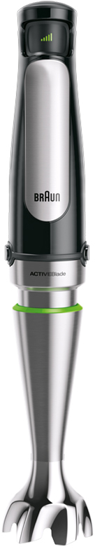 A black and silver Braun Activeblade immersion blender with a green accent.
