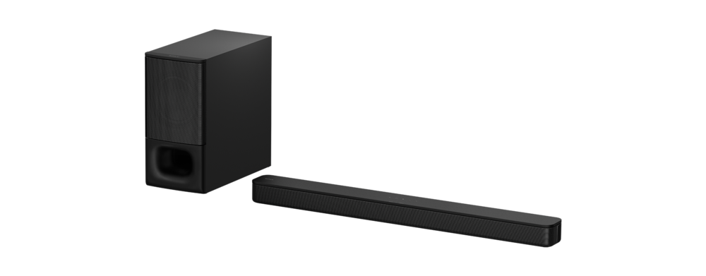 Siyah soundbar ve subwoofer sistemi. Siyah zemin, minimalist ürün çekimi.