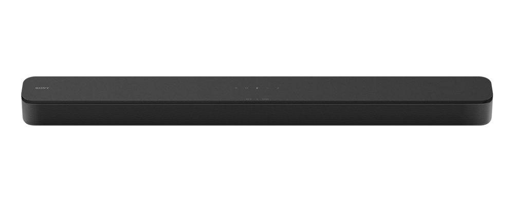 Şık tasarımlı siyah bir soundbar. Soundbar, siyah bir arka plan üzerinde ve Sony logosuna sahip.