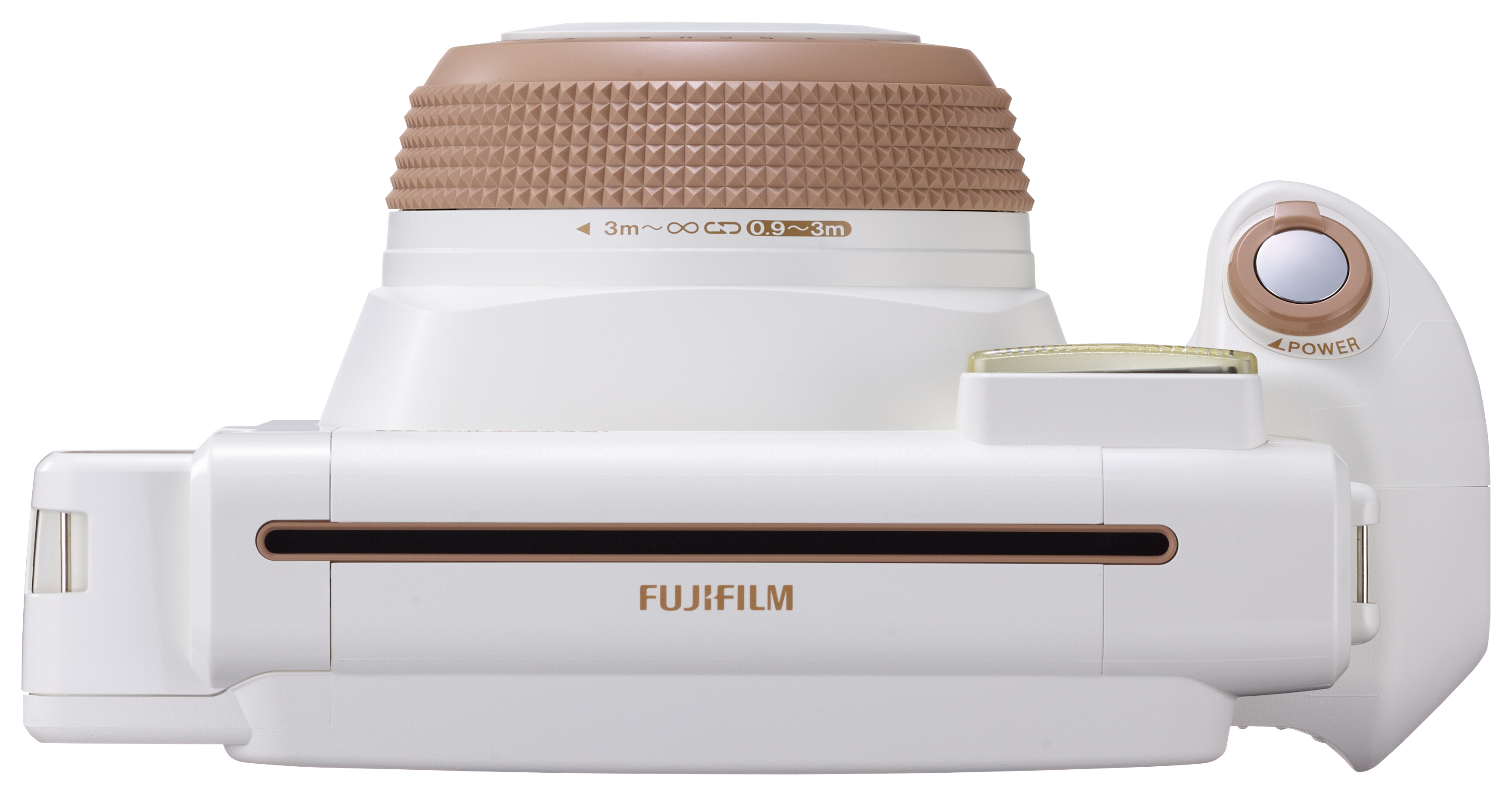 Beyaz ve kahverengi bir Fujifilm Instax kamera, yandan görünüm, marka adı üzerinde.