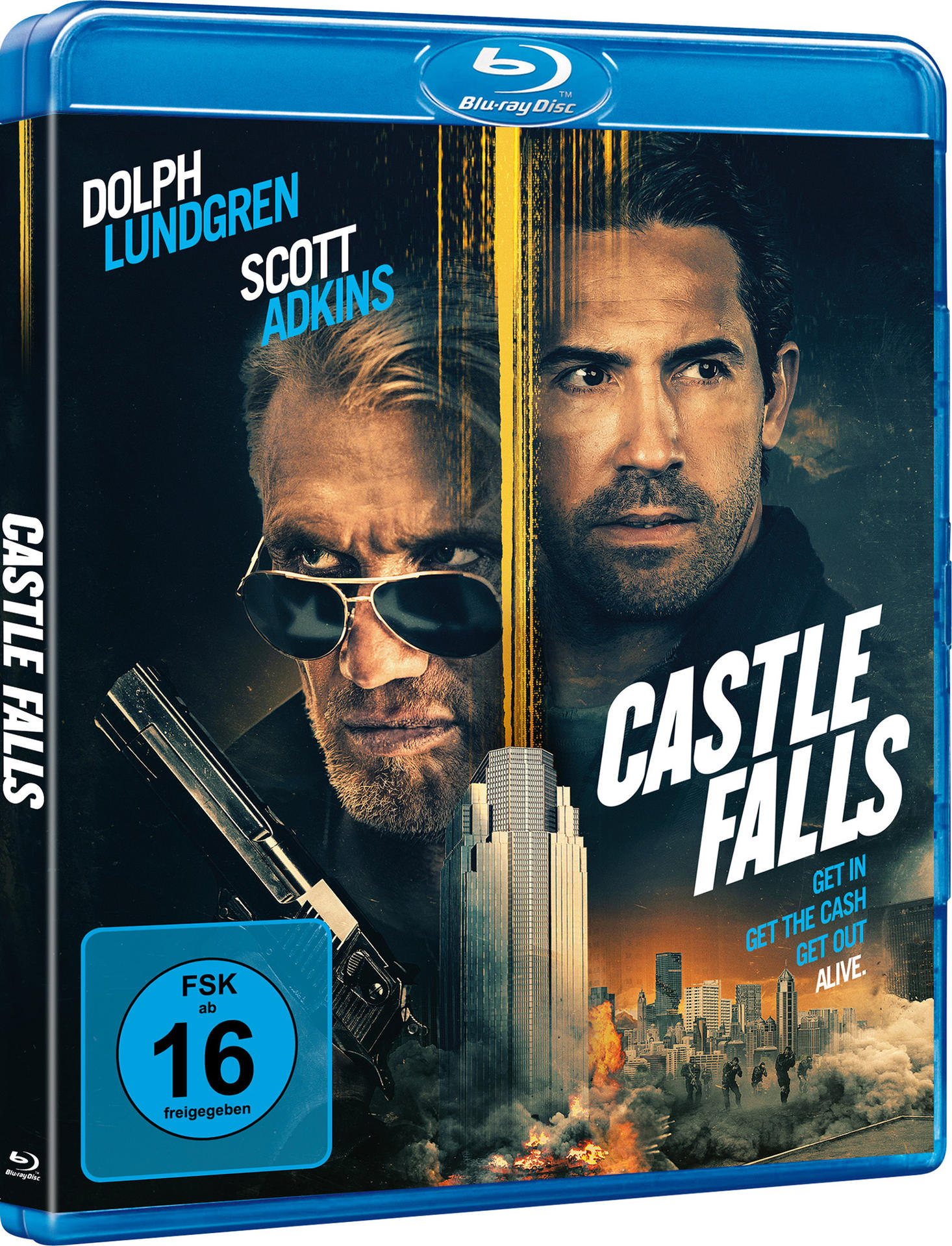 Blu-ray Disc Cover mit Filmstars und Titel 'Castle Falls'.
