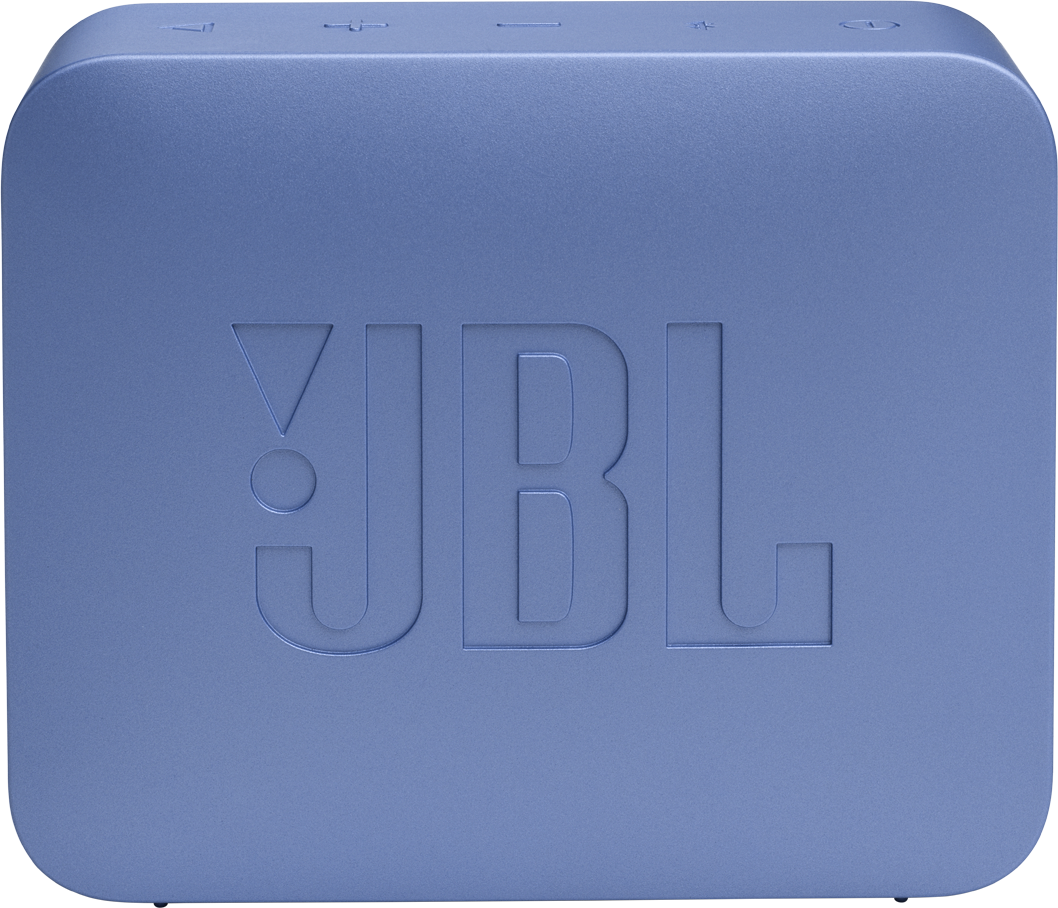 Kék JBL hangszóró. A JBL logó a homlokzaton dombornyomott. A tetején hangerő- és bekapcsológombok vannak.