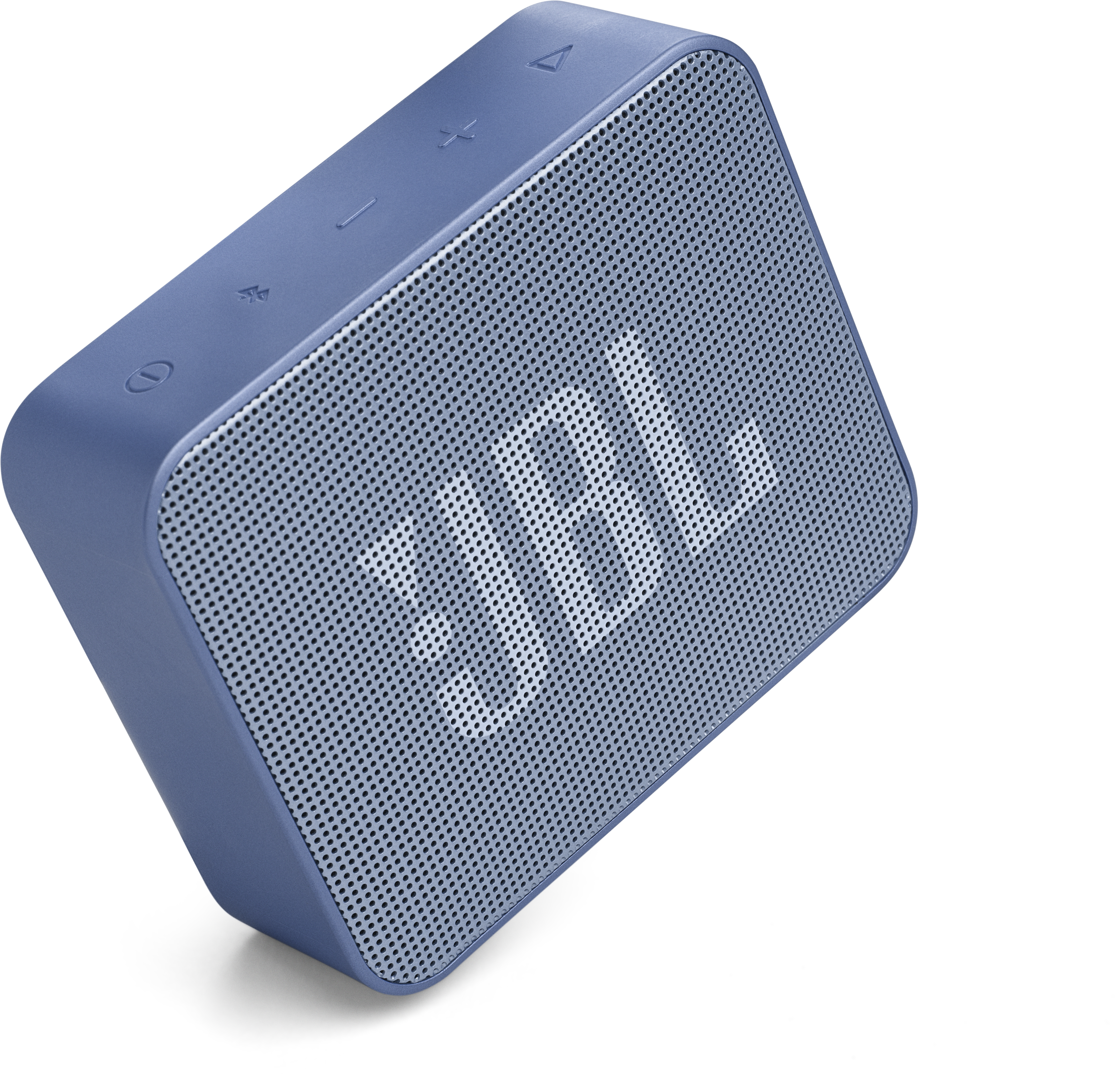 Kék JBL hangszóró, téglalap alakú, perforált hangszóróráccsal és gombokkal.