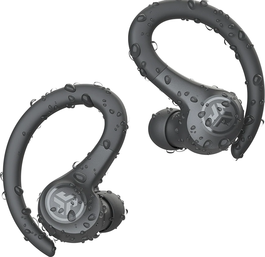 Due auricolari grigi con ganci per le orecchie. Goccioline d'acqua coprono la superficie degli auricolari.