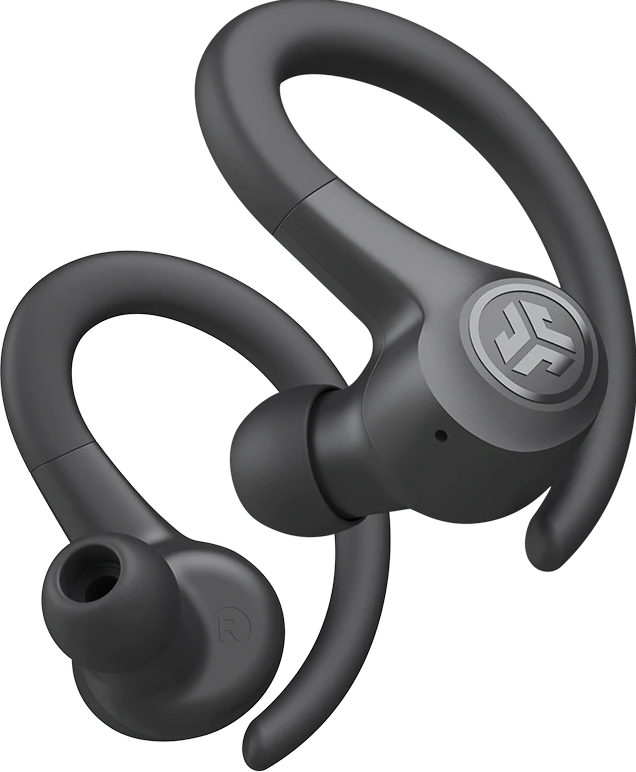 Un paio di auricolari wireless neri con ganci per le orecchie. L'auricolare destro ha una 'R'.