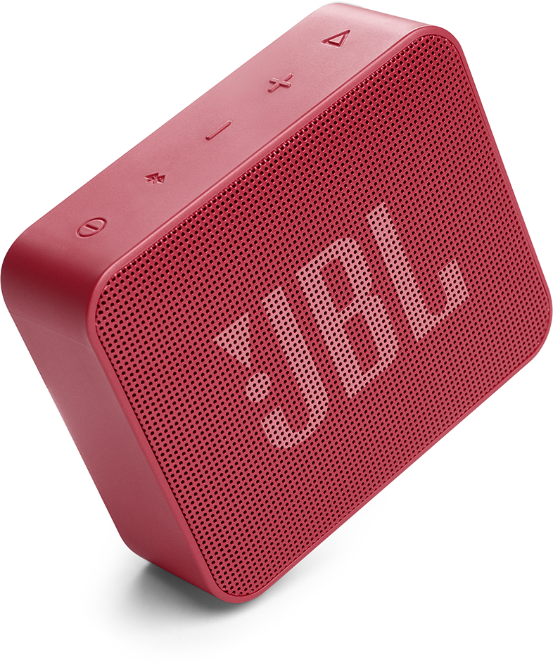 Piros, négyzet alakú hordozható hangszóró fehér JBL logóval.