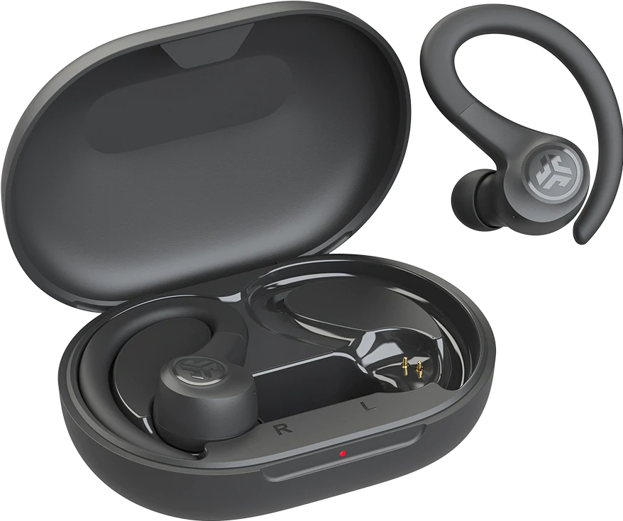 Auricolari wireless grigio scuro con custodia di ricarica, isolati su sfondo bianco.