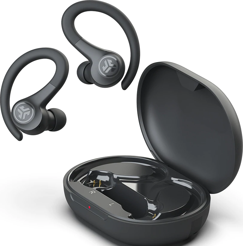 Auricolari wireless neri e custodia di ricarica. Gli auricolari hanno ganci per l'orecchio.
