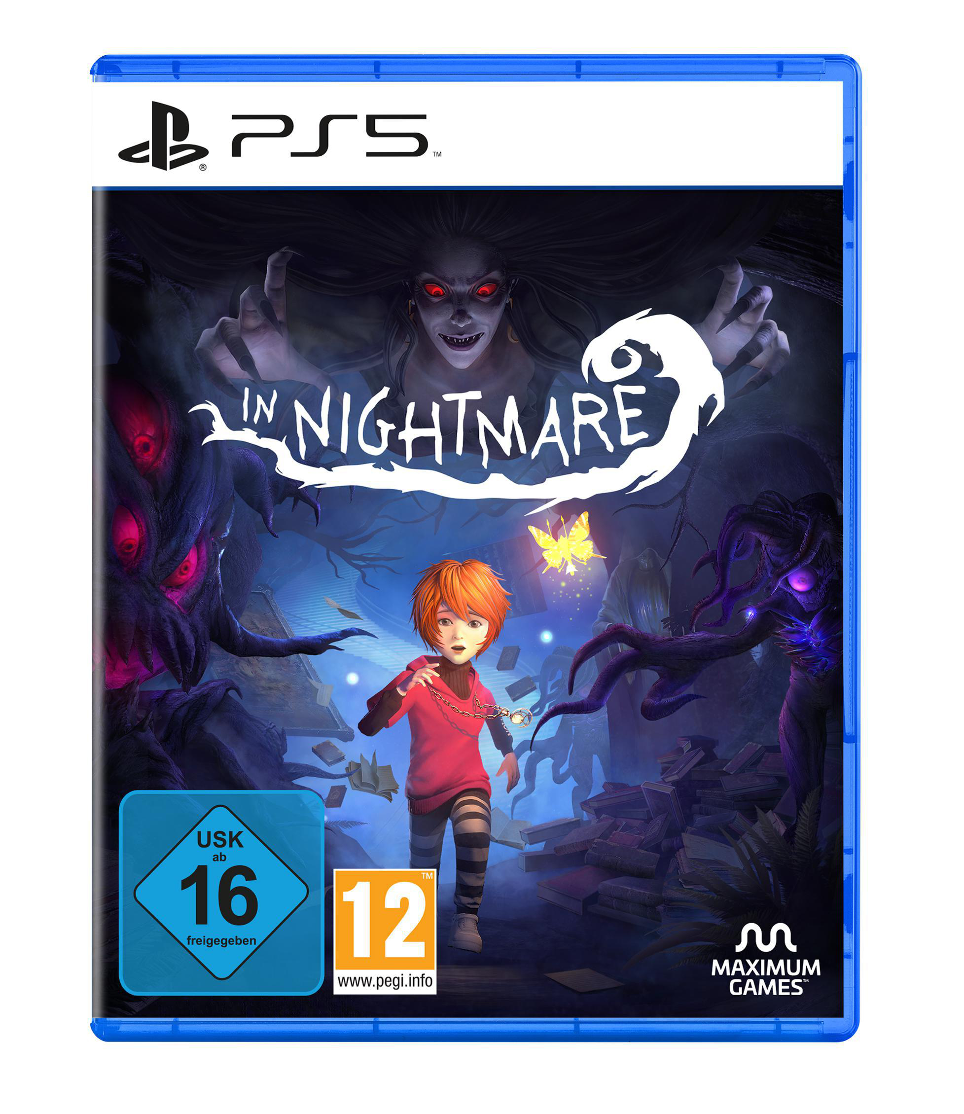 Eine Spielbox für 'In Nightmare' für PS5. Ein Junge rennt auf ein Licht zu, Monster auf dem Cover.