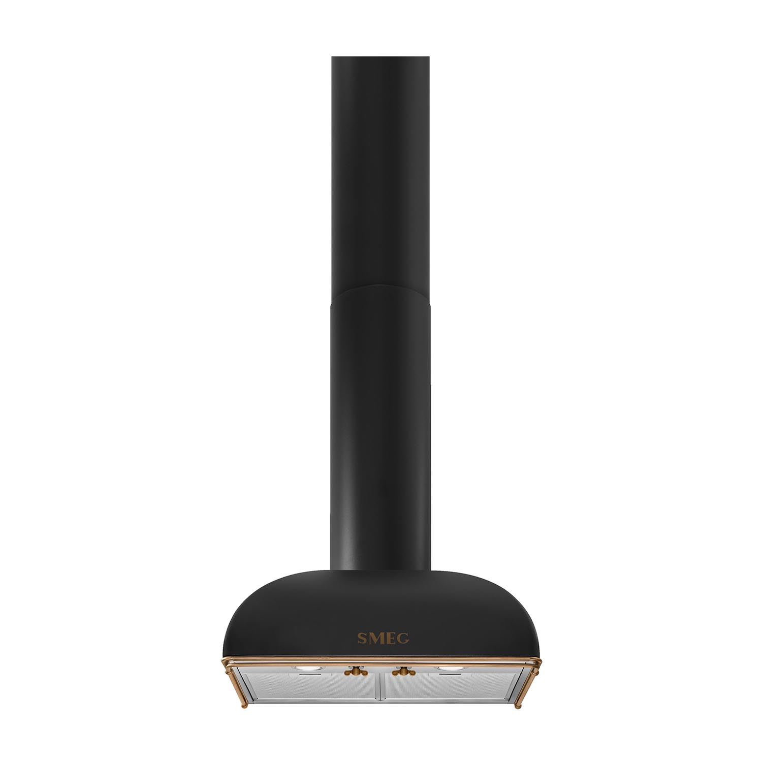 Cappa SMEG nera con finiture dorate e luci.