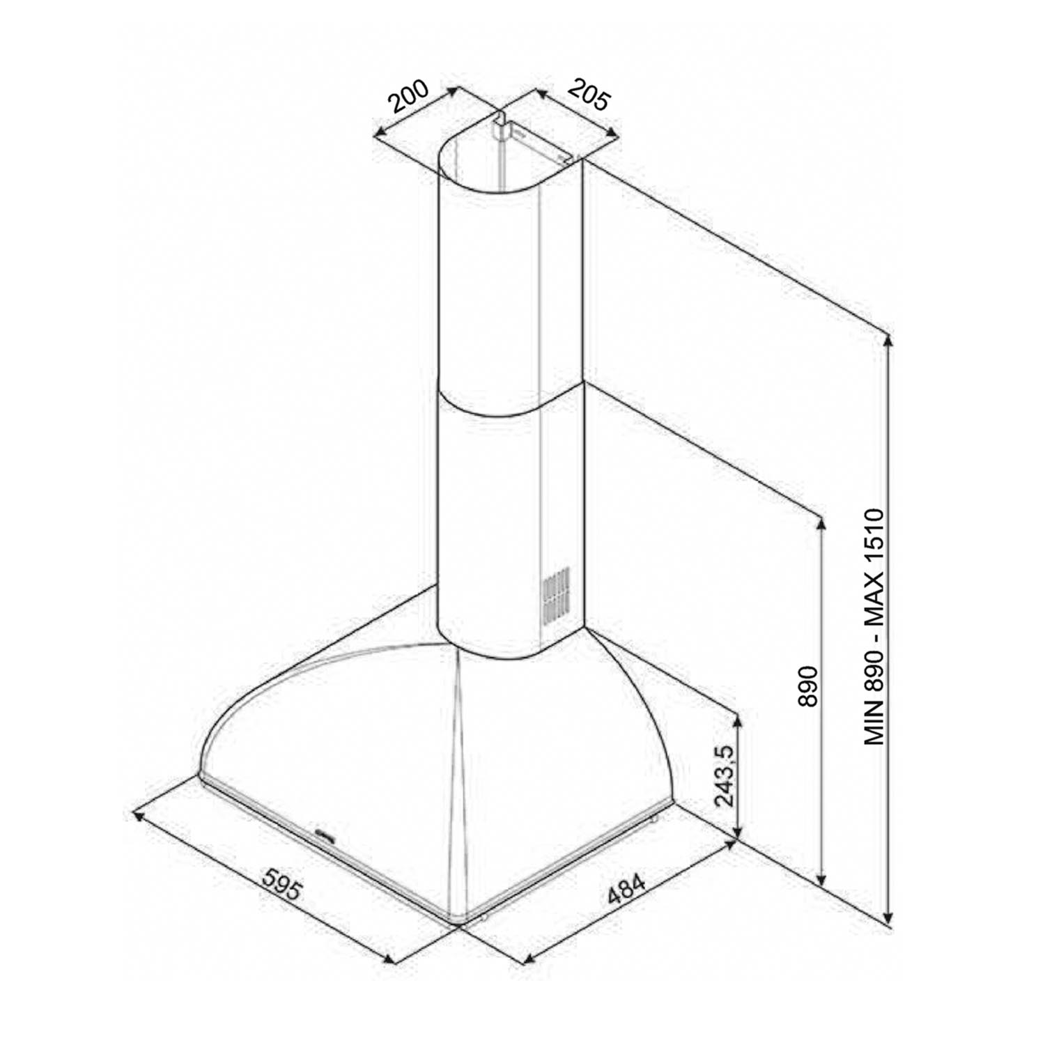 Disegno tecnico di una cappa aspirante. Dimensioni e contorni sono etichettati in nero.
