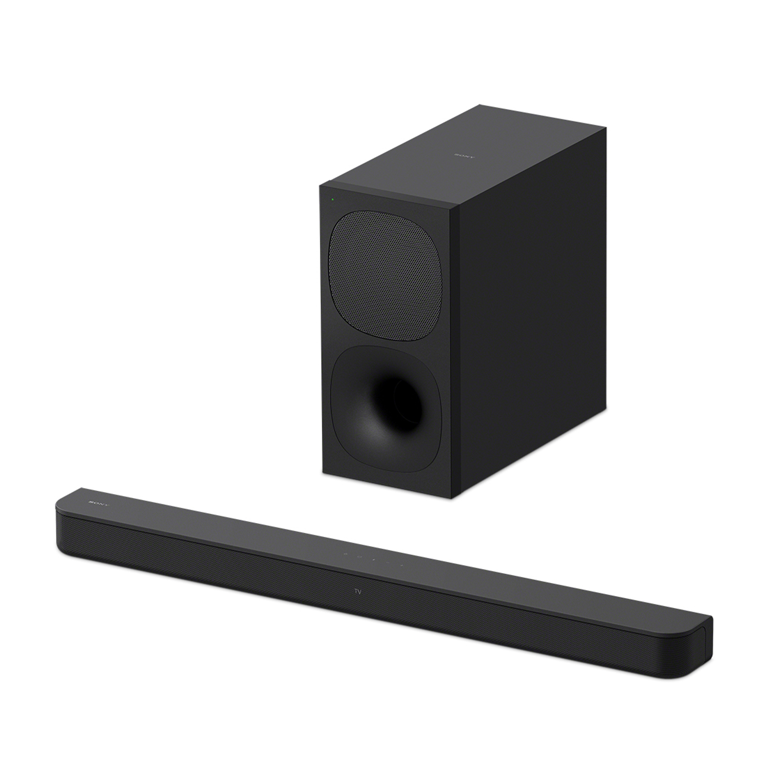 Soundbar e subwoofer neri. È un sistema home theater su sfondo bianco.