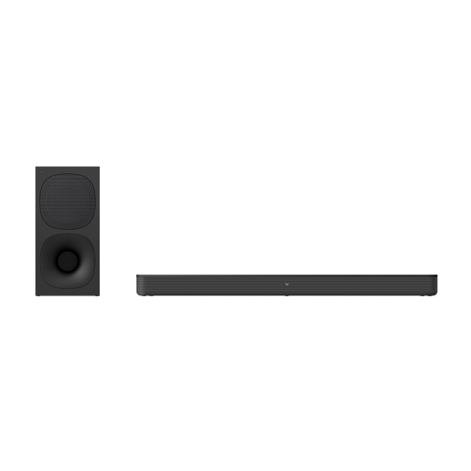 Soundbar e subwoofer neri. La soundbar è lunga, il subwoofer è verticale e arrotondato.