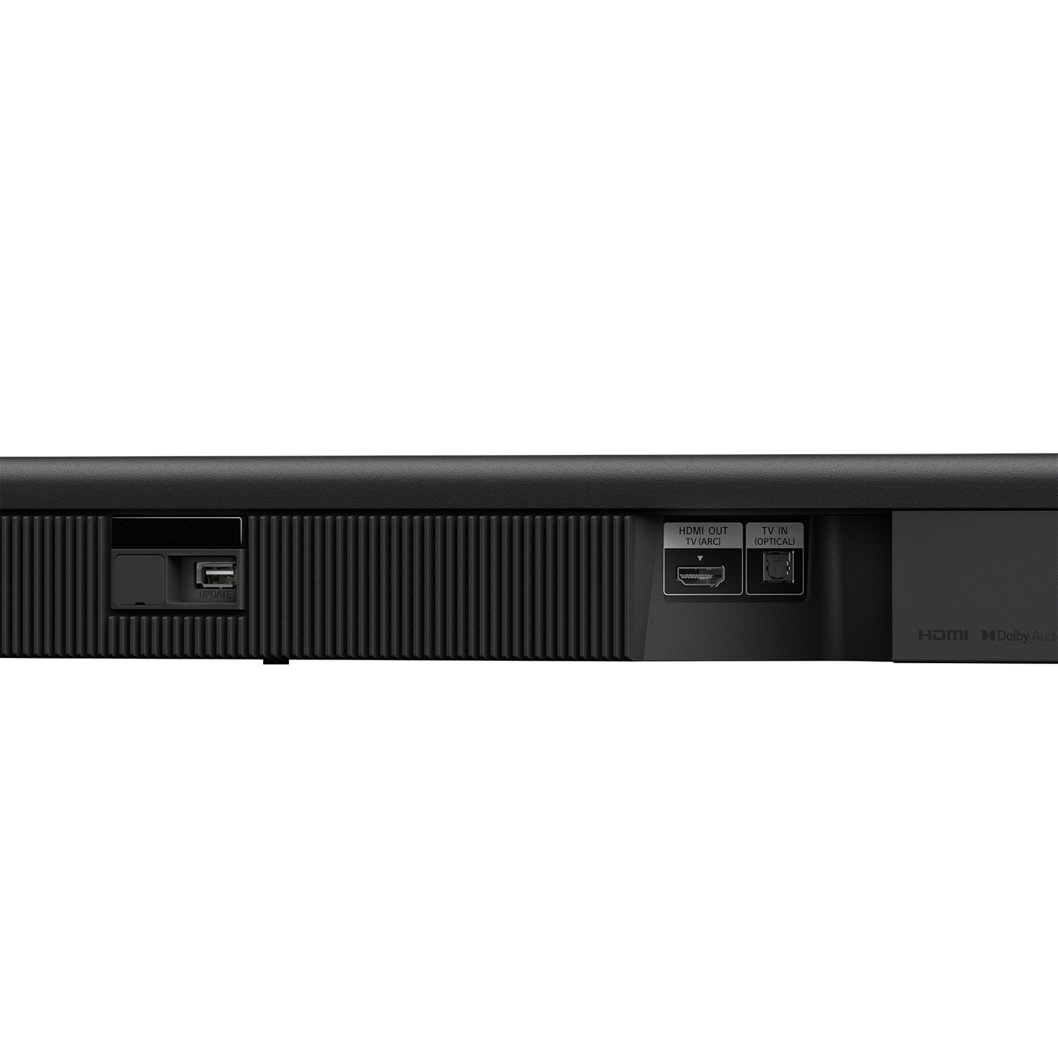 Pannello posteriore soundbar nero con porte HDMI, USB e altre connessioni su bianco.
