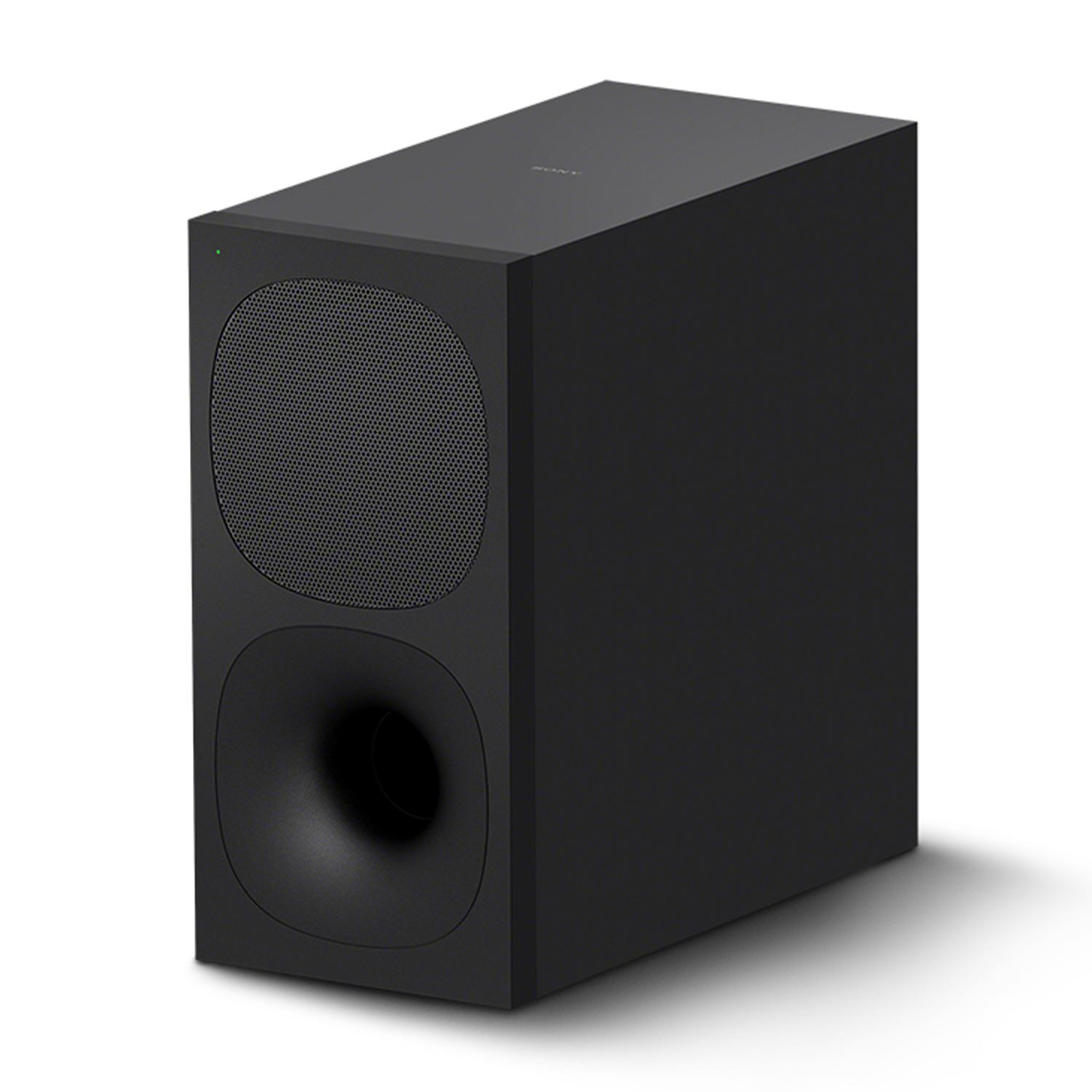 Subwoofer nero con altoparlante rotondo e porta bassi. Vista angolata, superficie nera.