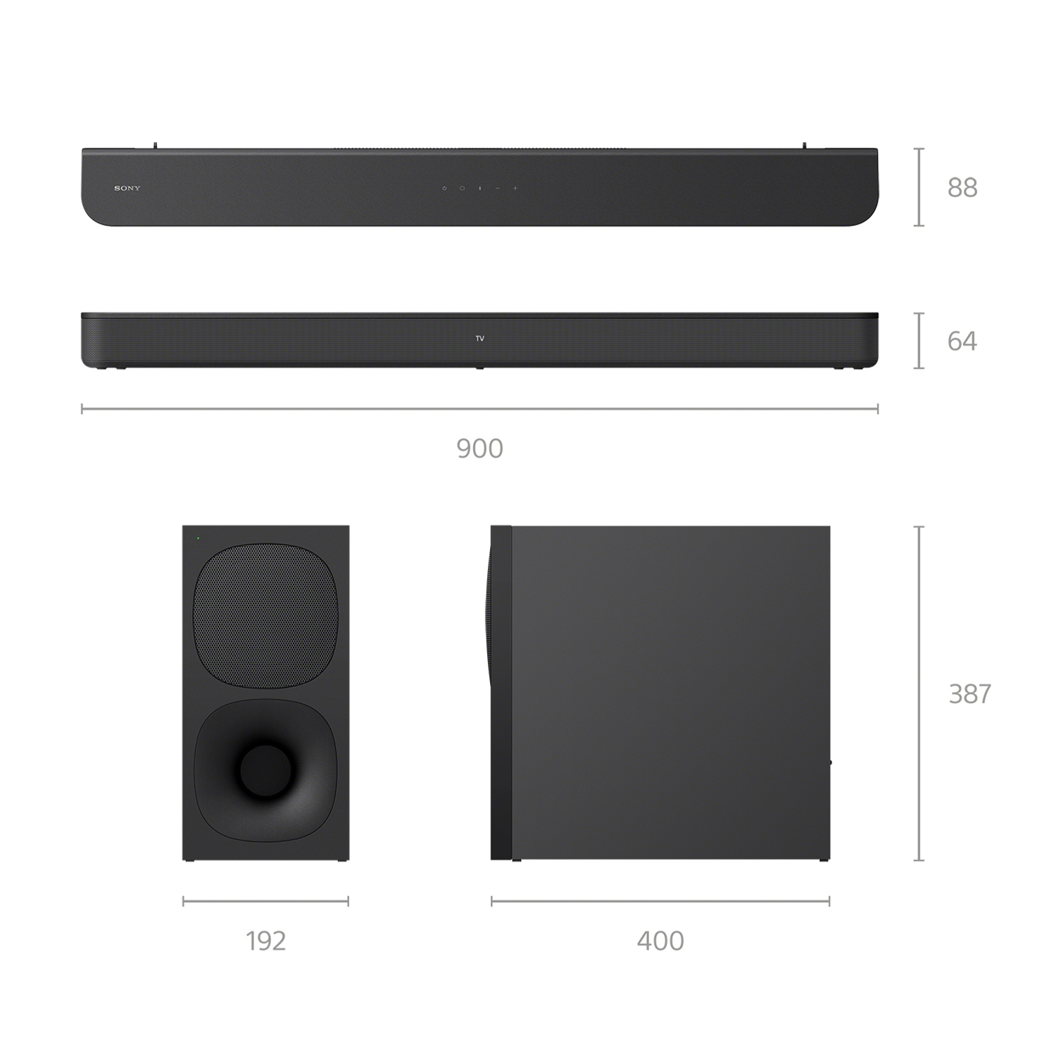 Set soundbar e subwoofer neri. Sono mostrate la vista dall'alto e la vista laterale con le dimensioni.
