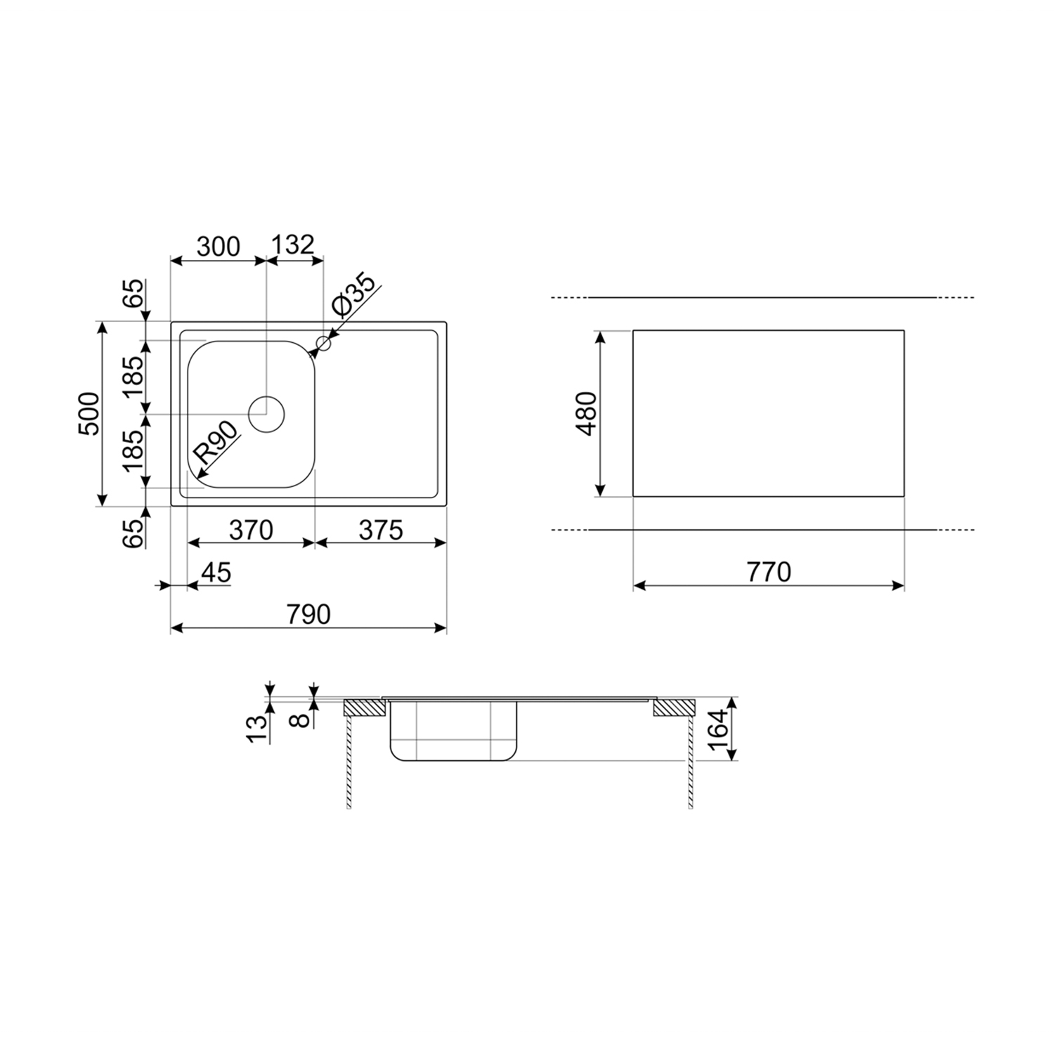 Disegno schematico di un lavello da cucina con misure e dimensioni.