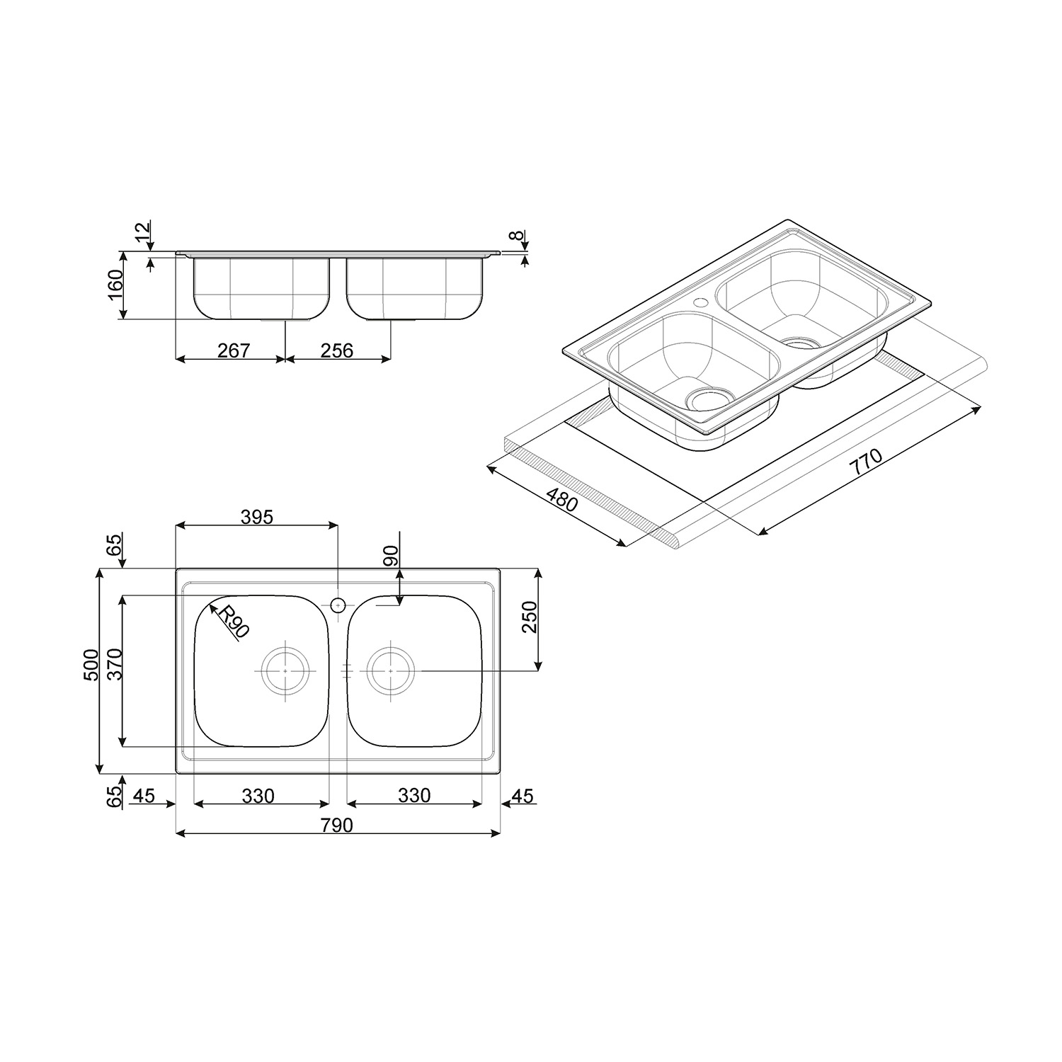 Disegno tecnico di un lavello doppio con dimensioni e viste dall'alto/laterali.