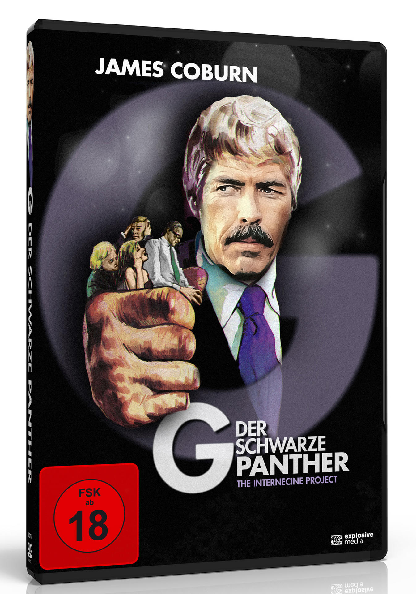 Filmcover für "Der Schwarze Panther: The Intercine Project". Zeigt James Coburn, eine Faust und ein G-Logo.