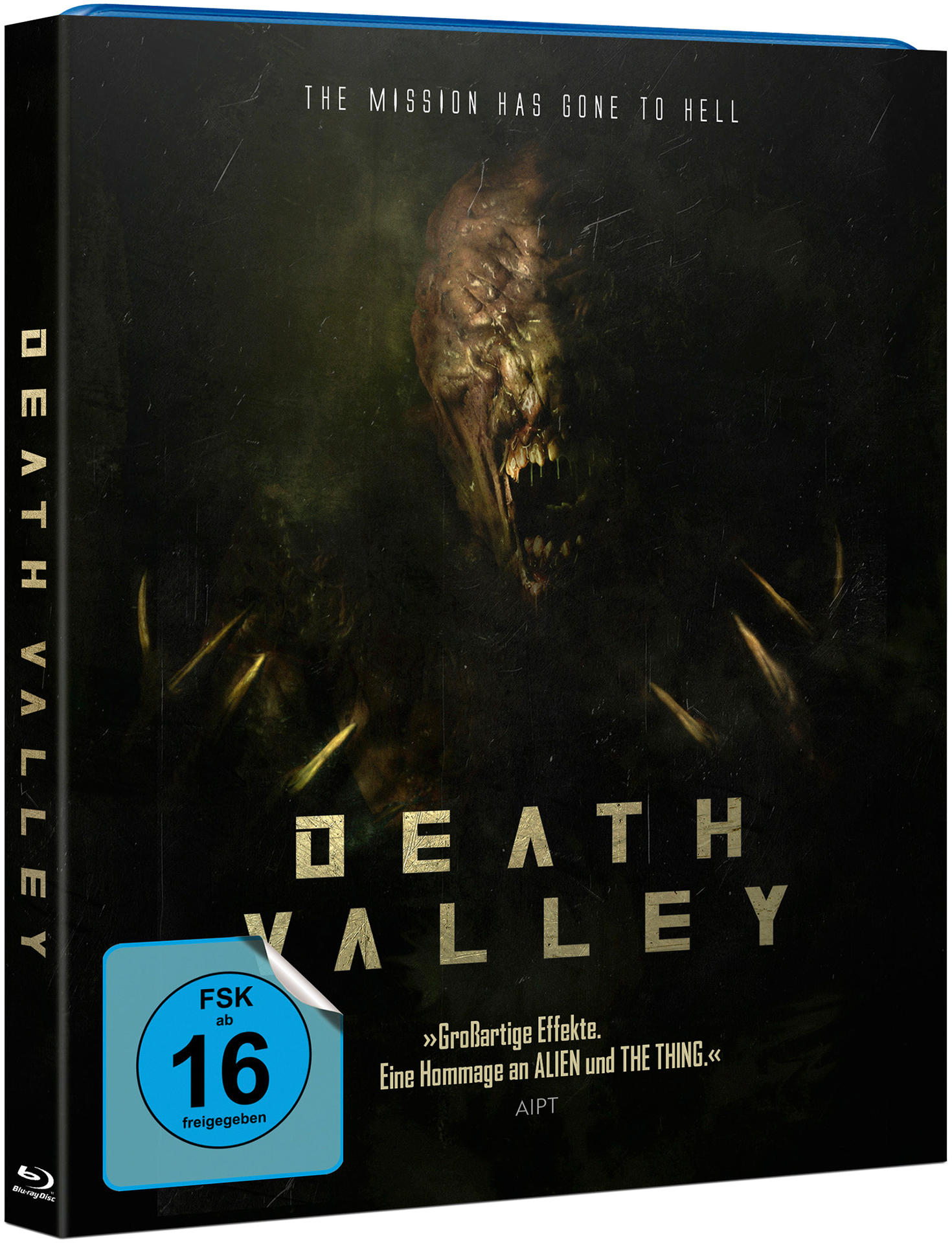 Filmcover für "Death Valley". Das Cover zeigt ein Monster und den Titel, mit einem Rating-Abzeichen.