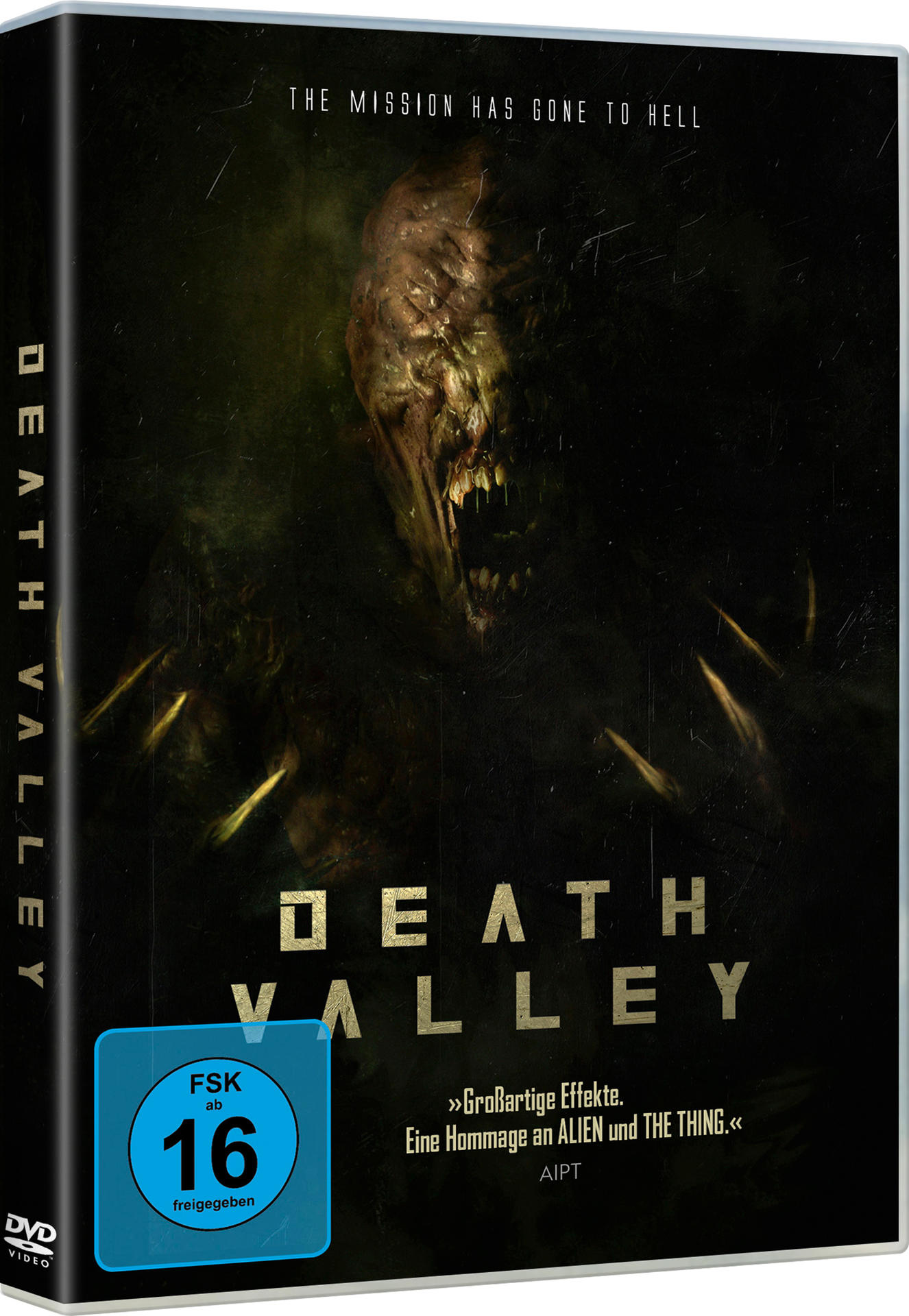 DVD-Hülle für 'Death Valley'. Zeigt ein Monsterbild auf der Vorderseite und deutschen Text.