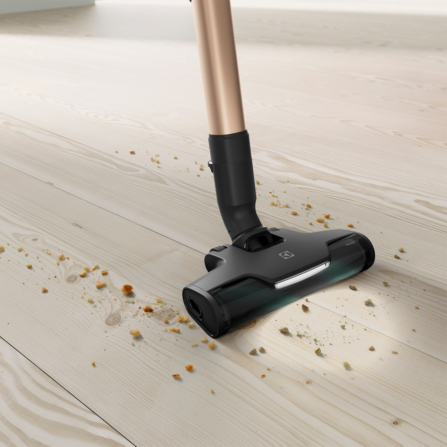Testa aspirapolvere su pavimento in legno con briciole. Testa nera con tubo dorato.