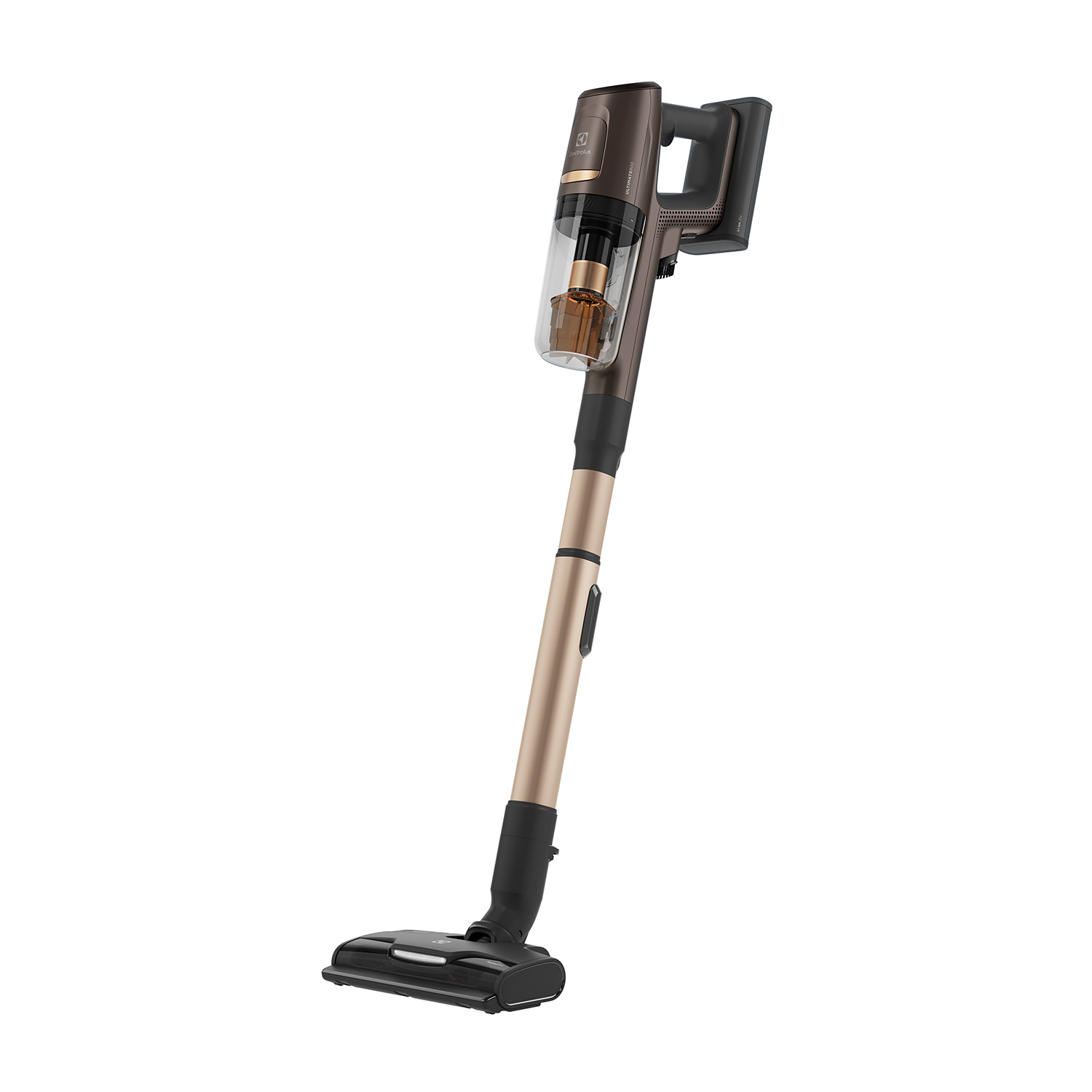 Un aspirapolvere senza fili in una combinazione di colori bronzo e nero su sfondo bianco.