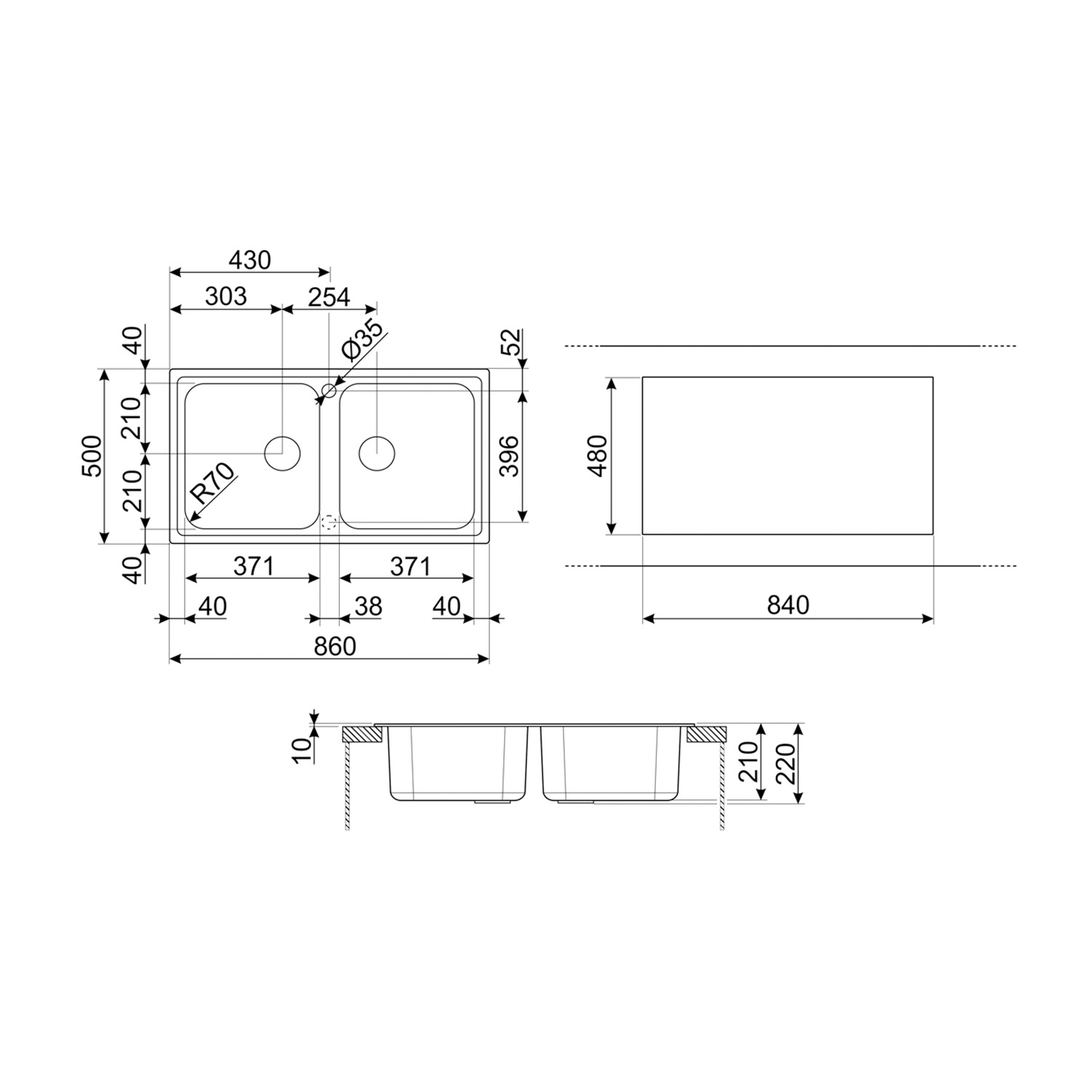 Disegno tecnico, viste dall'alto e laterali di un lavello da cucina con misure.