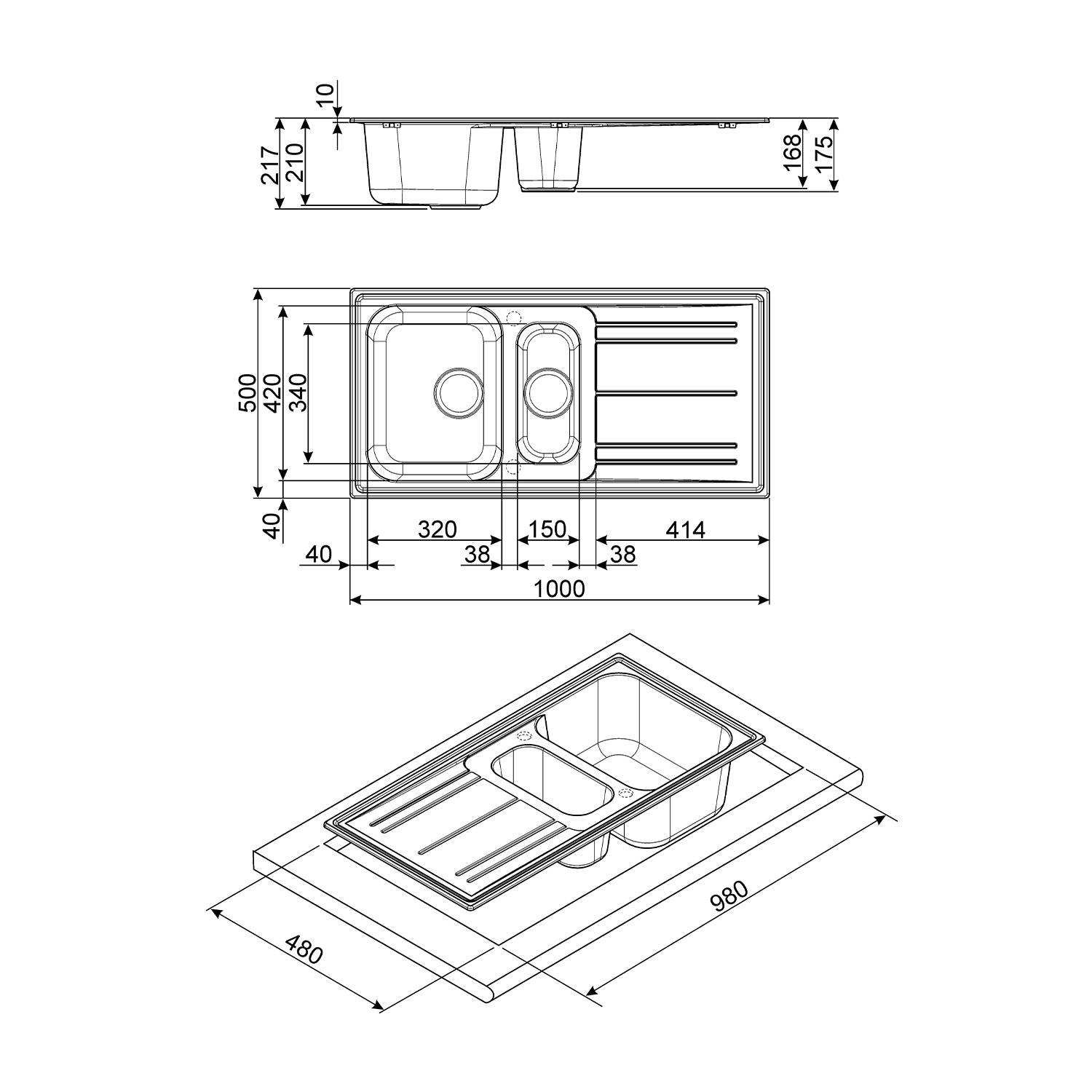 Disegno tecnico di un lavello doppio con dimensioni in millimetri, viste dall'alto, laterali e isometriche.