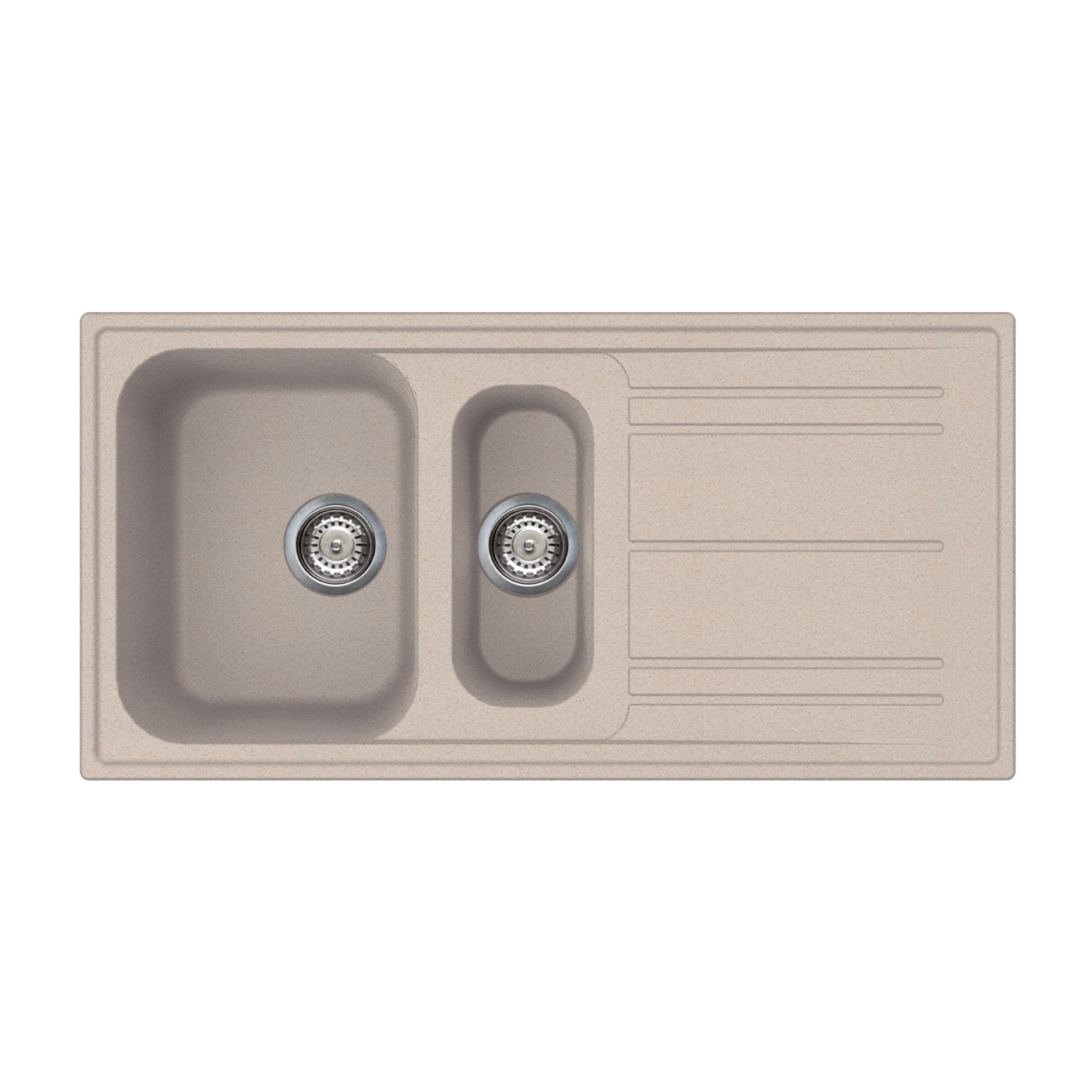 Lavello da cucina color beige con due vasche e uno scolapiatti. Il lavello è di forma rettangolare.