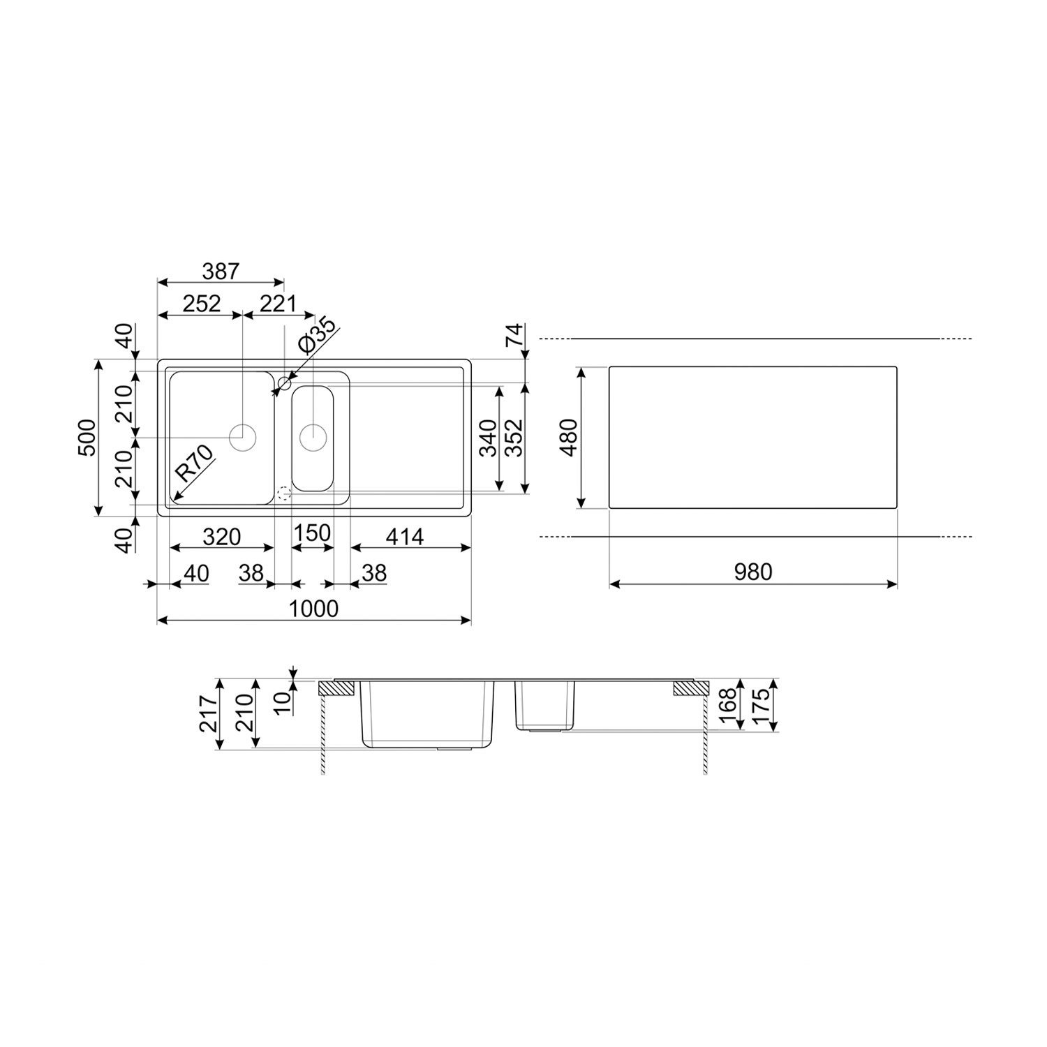 Disegno tecnico di un lavandino con dimensioni e misure in millimetri.