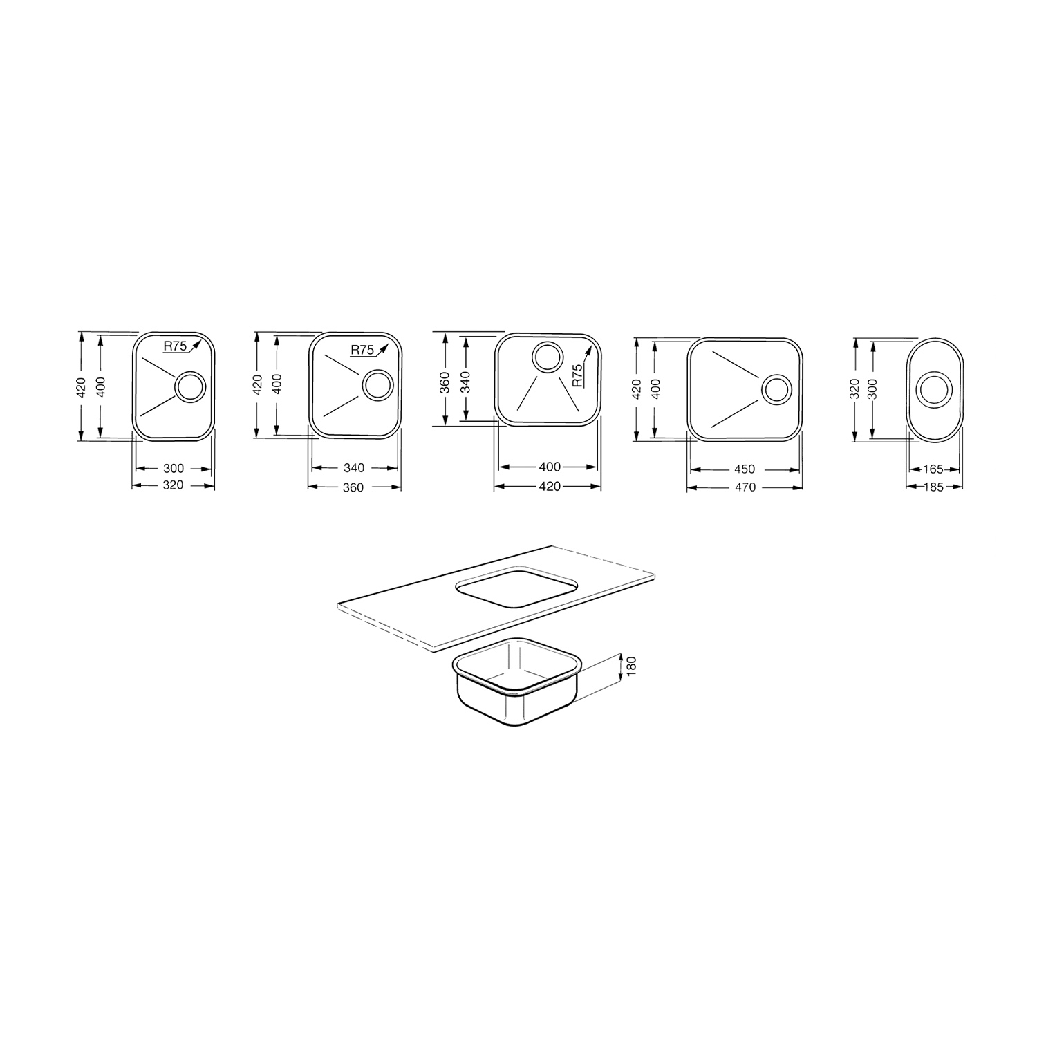 Disegno tecnico. Mostra vari modelli di lavandini con dimensioni e misure.