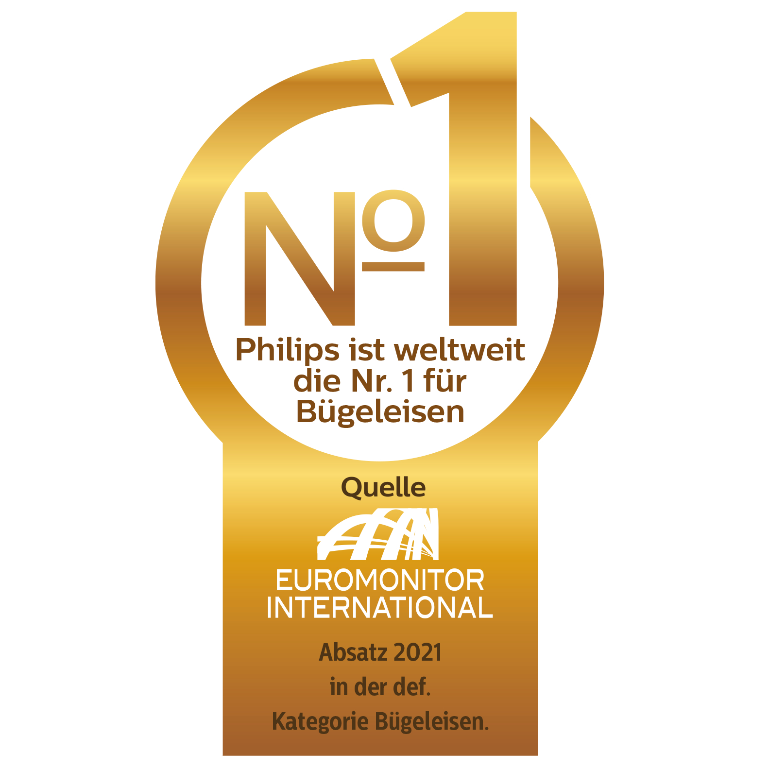 Goldenes Abzeichen, das besagt, dass Philips weltweit das Bügeleisen Nr. 1 ist.