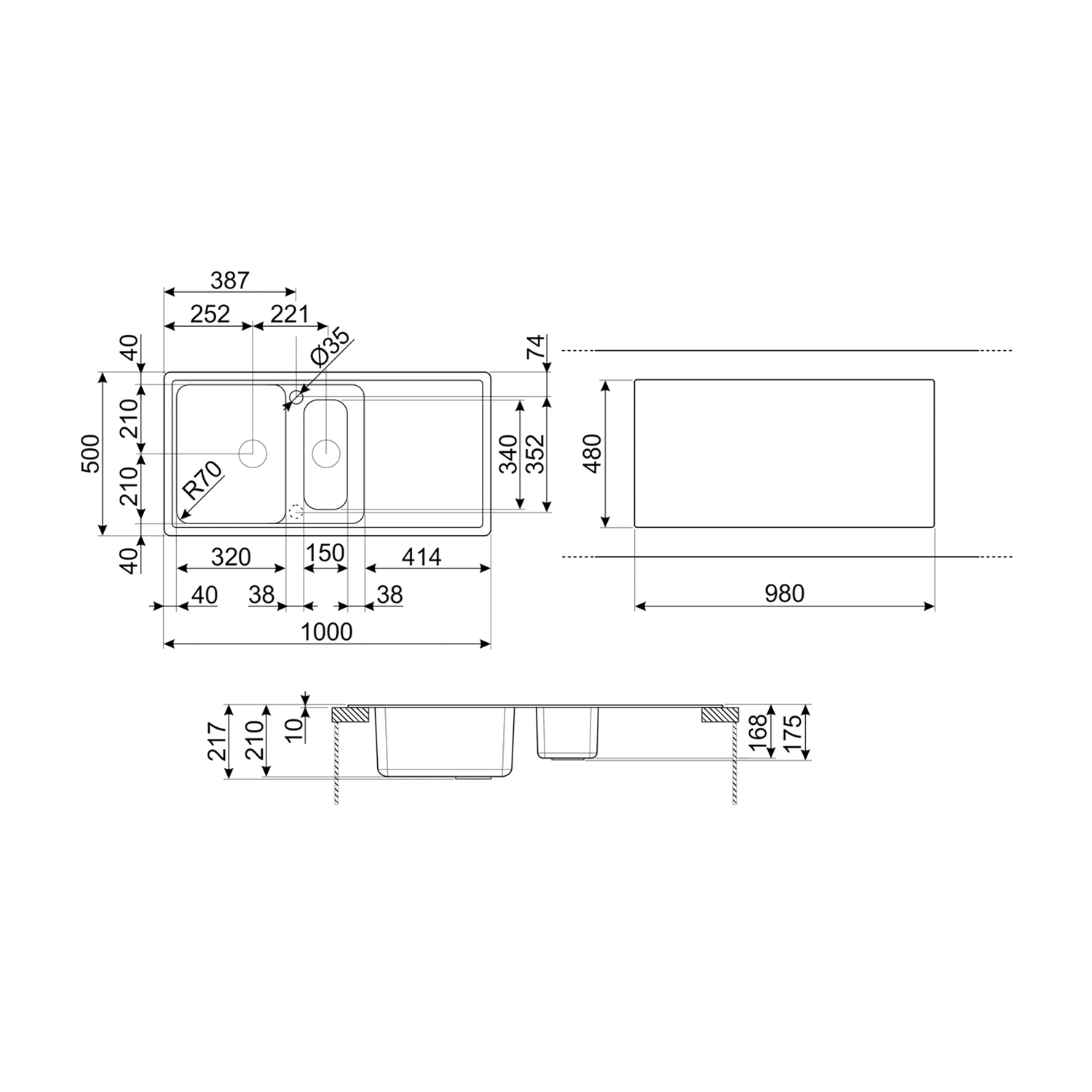 Disegno tecnico di un lavello. Viste dall'alto, laterale e frontale con annotazioni dimensionali.