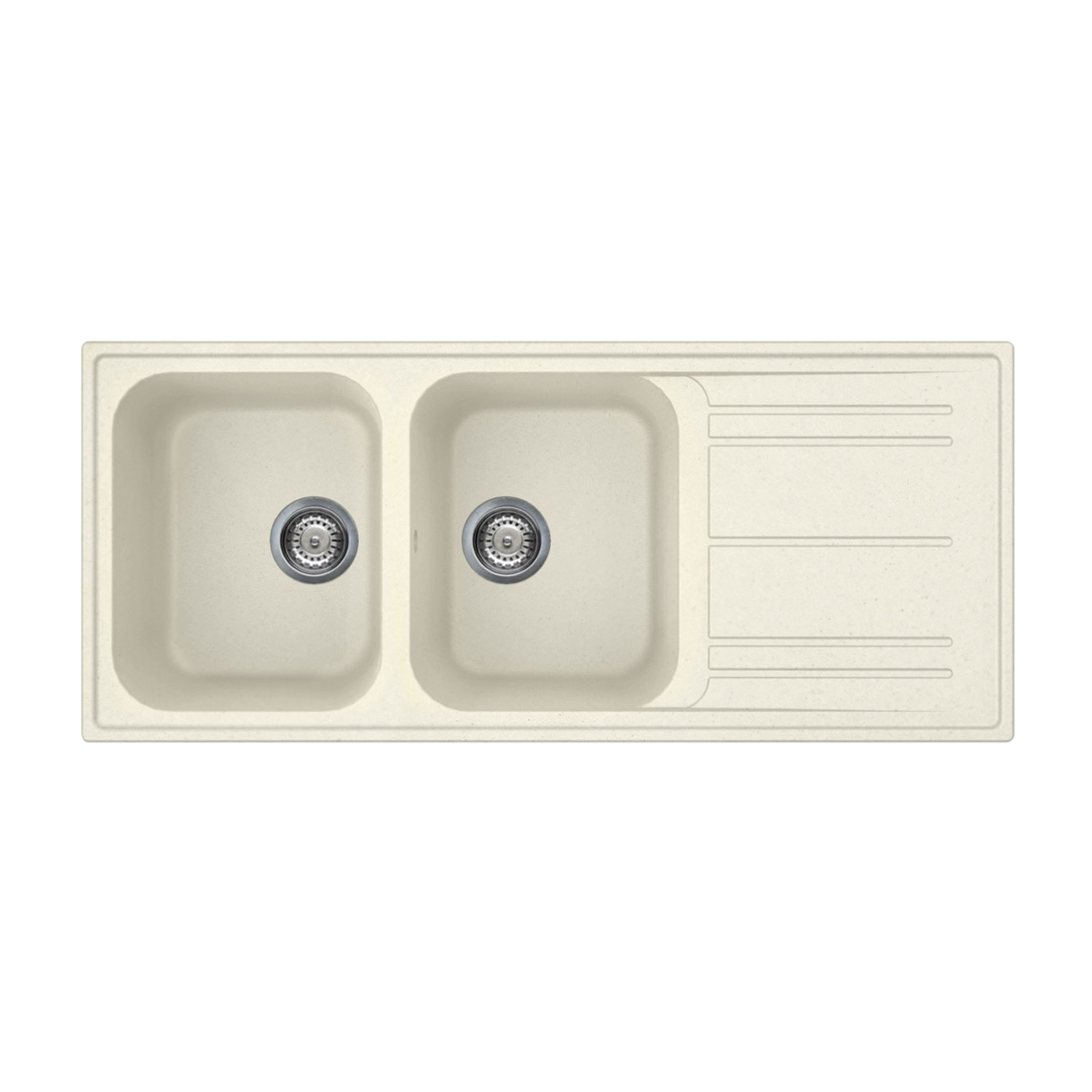 Un lavello doppio in materiale composito beige. Ha due vasche, uno scolapiatti e coperture argentate.