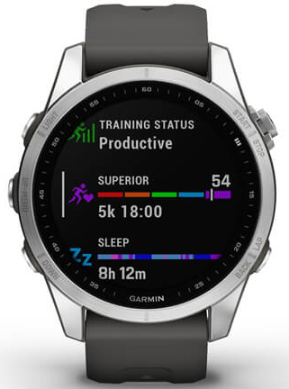 L'interface de la montre connectée affiche l'état de l'entraînement, y compris les statistiques 'Productif' et 'Supérieur'.