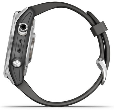 Vue latérale d'une montre de sport noire et argentée avec bracelet gris.