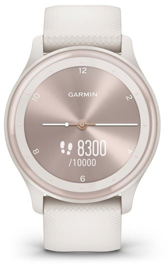 Une smartwatch Garmin avec un bracelet blanc et un cadran or rose.