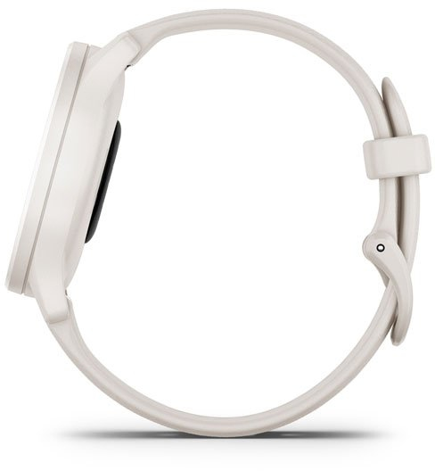 Smartwatch Garmin blanche. Vue latérale montrant le cadran rond et le bracelet. Bracelet gris clair.
